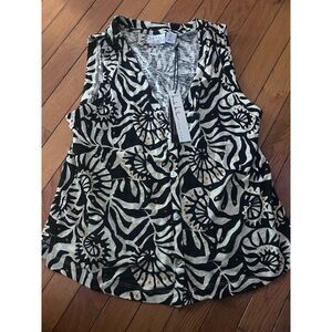 NWT Nicole Miller L Linen Blend Button Graphic Casual Top Blouse